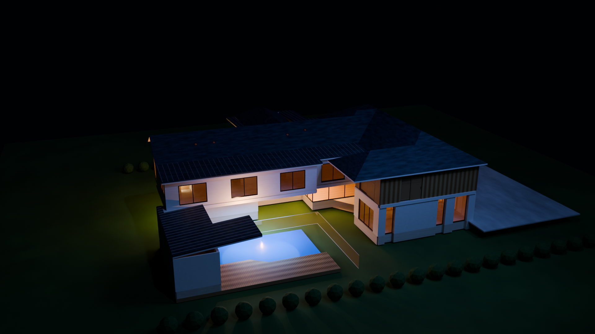 Night render of the same house and pool, rendered in Blender using Cycles
