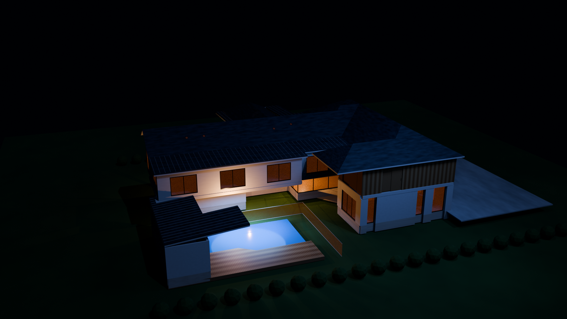 Night render of a two-storey house with a lit pool, rendered in Blender using Eevee
